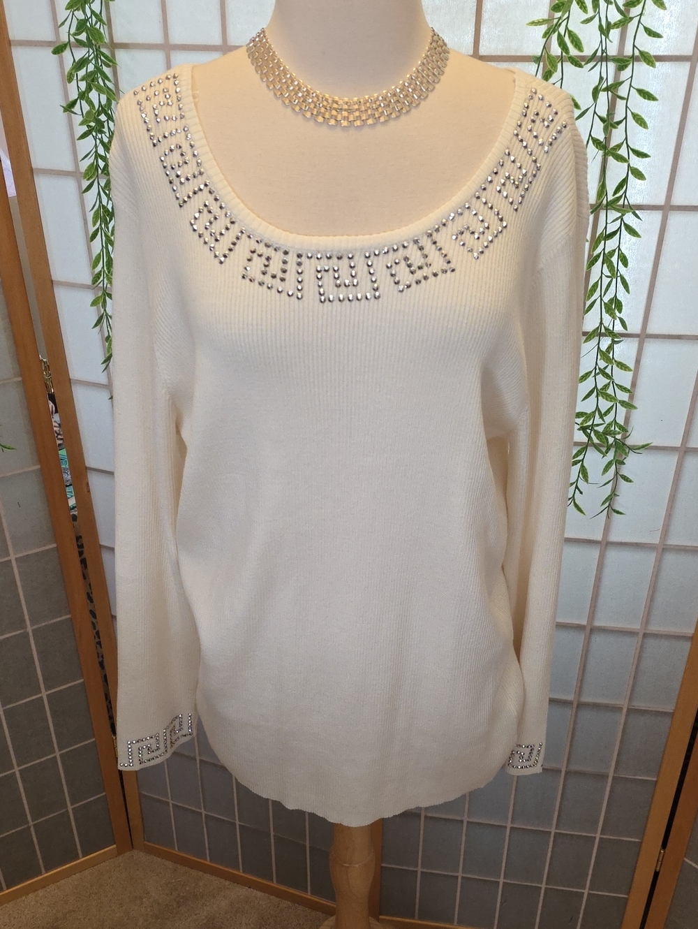 Cream Scoop-Neck Sweater with Studded Trim